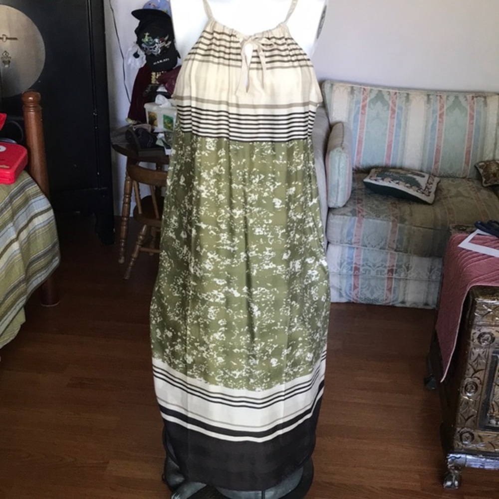 Prana Olive Floral and Cream Striped Maxi Dress